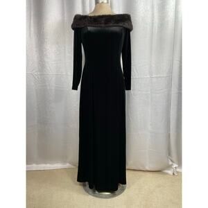 🔥Vintage Cache Black Velvet Faux Fur Off The Shoulder Long Sleeve Maxi Dress 16